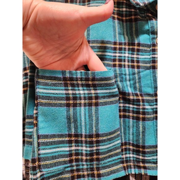 La Miel Womens Large Green Shirt Colorblock Plaid Flannel Shacket Farm Western - Picture 8 of 16